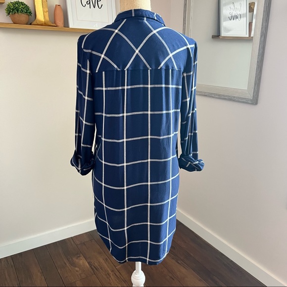 Navy Blue Windowpane Plaid Tunic Button Down ShirtDress - Picture 3 of 10